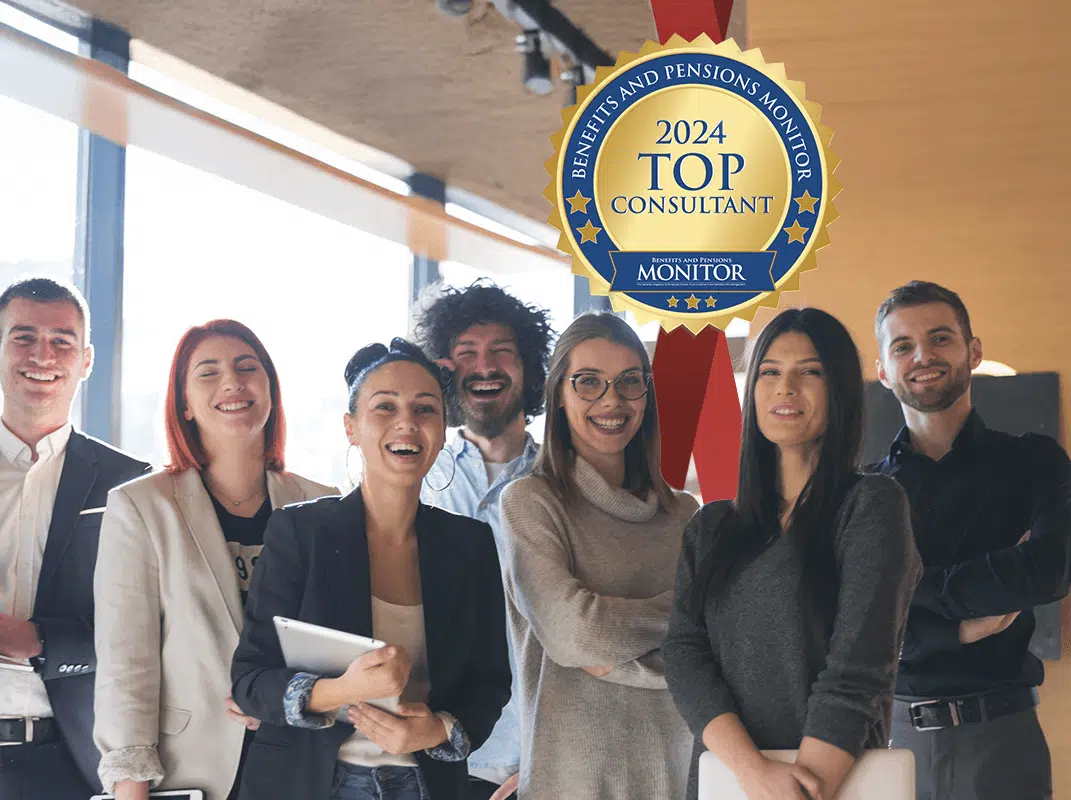 Benefits and Pensions Monitor 2024 Top Consultant badge overlay on an image of seven team members smiling.
